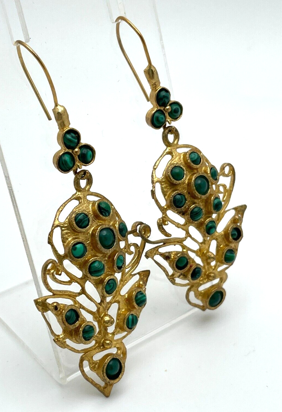 Green Malachite Stones Set in 3"Dangling Yellow Gold Plated Metal Earrings Hook